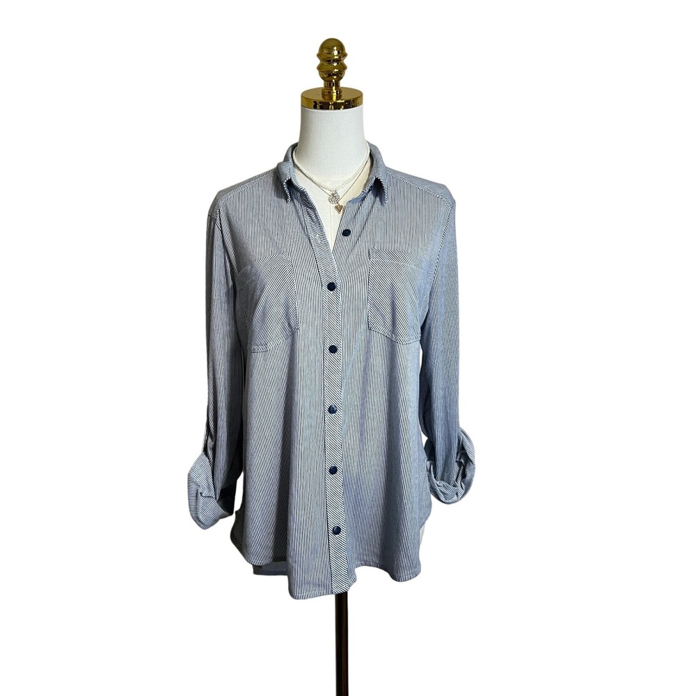 Passport Womens Navy White Striped Button Down Shirt Roll Tab Sleeve Size Medium